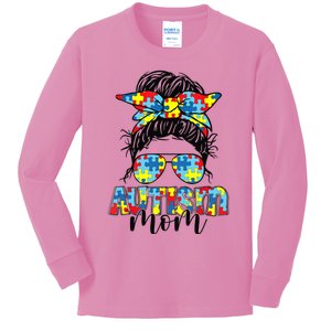 Autism Mom Life Messy Bun Sunglasses Bandana Mother’s Day Kids Long Sleeve Shirt