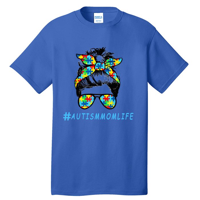 Autism Mom Life Autistic Son Sunglasses Bandana Messy Bun Gift Tall T-Shirt