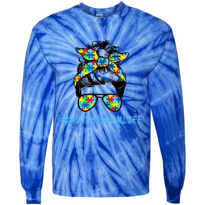 Autism Mom Life Autistic Son Sunglasses Bandana Messy Bun Gift Tie-Dye Long Sleeve Shirt