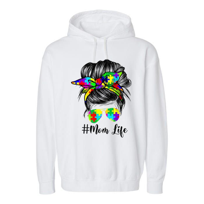 Autism Mom Life Messy Bun Sunglasses Bandana Mother’s Day Garment-Dyed Fleece Hoodie