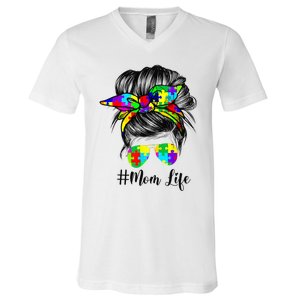 Autism Mom Life Messy Bun Sunglasses Bandana Mother’s Day V-Neck T-Shirt