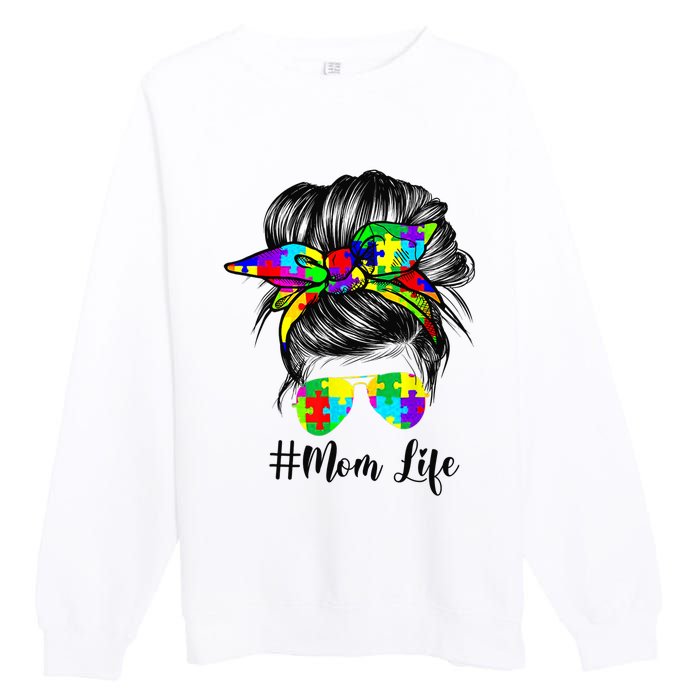 Autism Mom Life Messy Bun Sunglasses Bandana Mother’s Day Premium Crewneck Sweatshirt