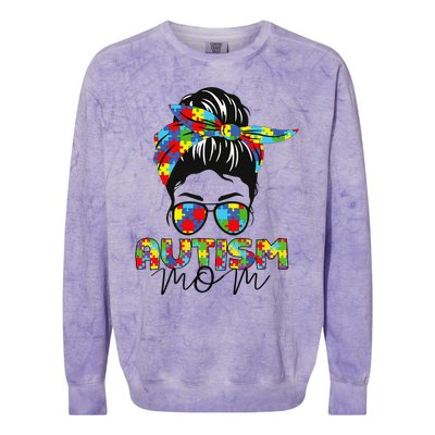 Autism Mom Life Messy Bun Sunglasses Bandana Mother’s Day Colorblast Crewneck Sweatshirt