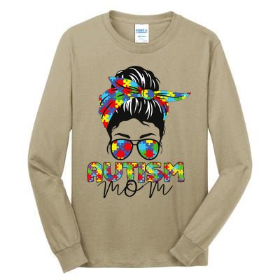 Autism Mom Life Messy Bun Sunglasses Bandana Mother’s Day Tall Long Sleeve T-Shirt