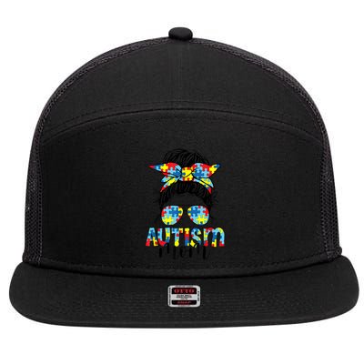 Autism Mom Life Messy Bun Sunglasses Bandana Mother’s Day 7 Panel Mesh Trucker Snapback Hat