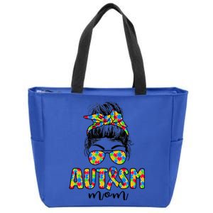 Autism Mom Life Messy Bun Sunglasses Bandana Mother's Day Gift Zip Tote Bag