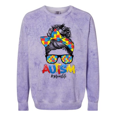 Autism Mom Life Messy Bun Sunglasses Bandana Mother’s Day Gift Colorblast Crewneck Sweatshirt