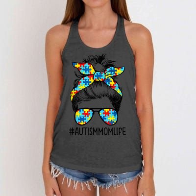 Autism Mom Life Messy Bun Sunglasses Bandana Mother’s Day Cute Gift Women's Knotted Racerback Tank