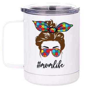 Autism Mom Life Messy Bun Sunglasses Bandana Mother’s Day Gift 12 oz Stainless Steel Tumbler Cup