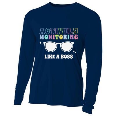 Actively Monitoring Like A Boss Testing Day Funny Teacher Cooling Performance Long Sleeve Crew