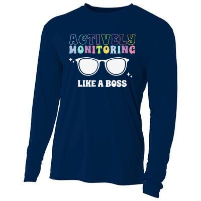 Actively Monitoring Like A Boss Testing Day Funny Teacher Cooling Performance Long Sleeve Crew