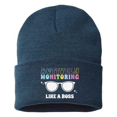 Actively Monitoring Like A Boss Testing Day Funny Teacher Sustainable Knit Beanie