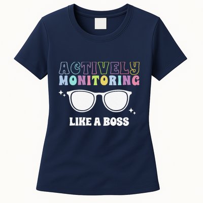 Actively Monitoring Like A Boss Testing Day Funny Teacher Womens T-Shirt