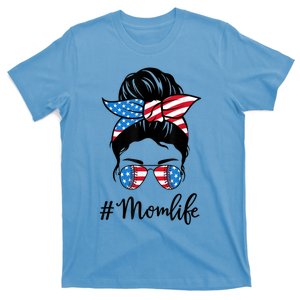 American Mom Life 4th Of July Softbal Baseball Mom Messy Bun Gift T-Shirt