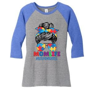 Autism Mom Life #Autismawareness Messy Bun Bandana Mothers Cute Gift Women's Tri-Blend 3/4-Sleeve Raglan Shirt