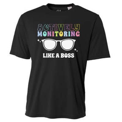 Actively Monitoring Like A Boss Testing Day Funny Teacher Cooling Performance Crew T-Shirt