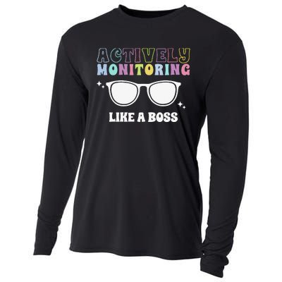 Actively Monitoring Like A Boss Testing Day Funny Teacher Cooling Performance Long Sleeve Crew