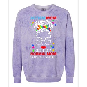 Autism Mom Much Stronger Awareness Messy Bun Puzzle Colorblast Crewneck Sweatshirt