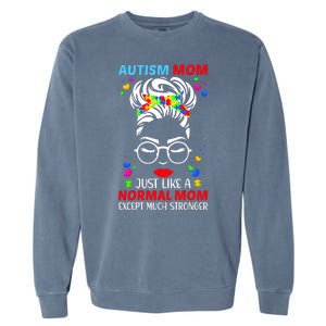 Autism Mom Much Stronger Awareness Messy Bun Puzzle Garment-Dyed Sweatshirt