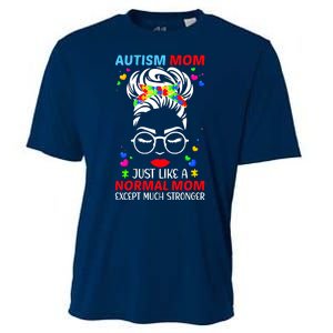 Autism Mom Much Stronger Awareness Messy Bun Puzzle Cooling Performance Crew T-Shirt