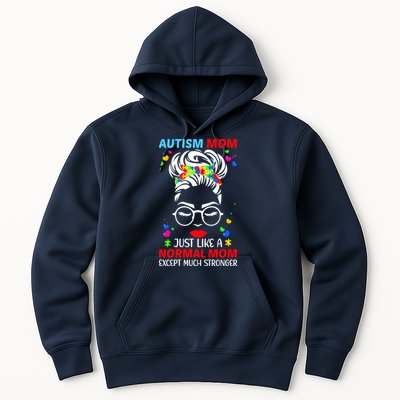 Autism Mom Much Stronger Awareness Messy Bun Puzzle Hoodie