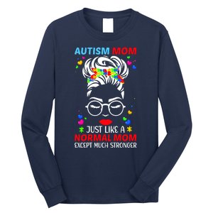 Autism Mom Much Stronger Awareness Messy Bun Puzzle Long Sleeve Shirt