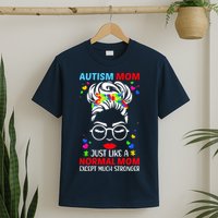 Autism Mom Much Stronger Awareness Messy Bun Puzzle T-Shirt