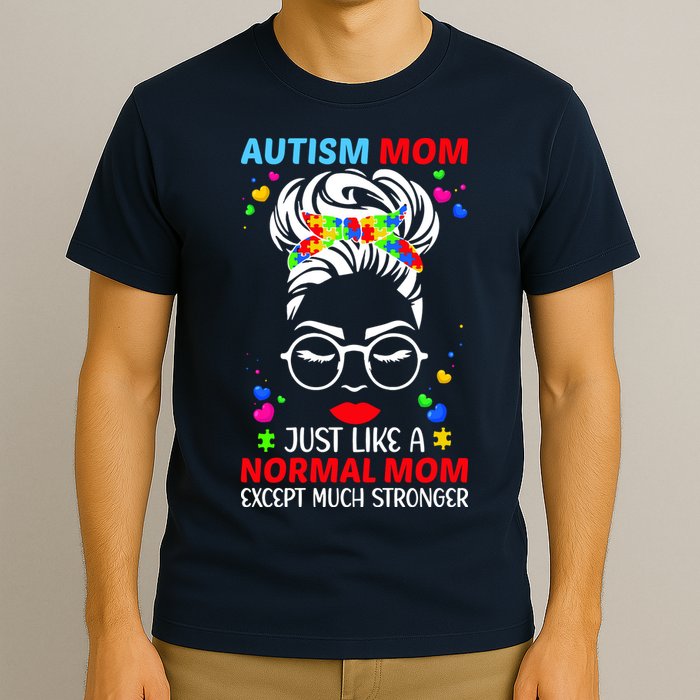Autism Mom Much Stronger Awareness Messy Bun Puzzle T-Shirt