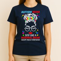 Autism Mom Much Stronger Awareness Messy Bun Puzzle T-Shirt