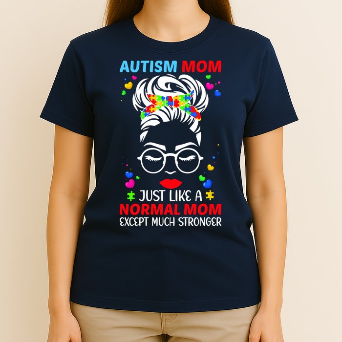 Autism Mom Much Stronger Awareness Messy Bun Puzzle T-Shirt