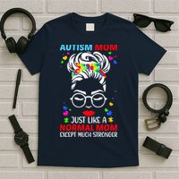 Autism Mom Much Stronger Awareness Messy Bun Puzzle T-Shirt