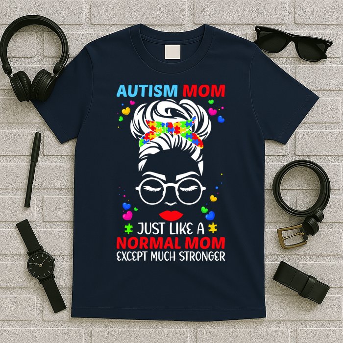 Autism Mom Much Stronger Awareness Messy Bun Puzzle T-Shirt