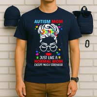 Autism Mom Much Stronger Awareness Messy Bun Puzzle T-Shirt