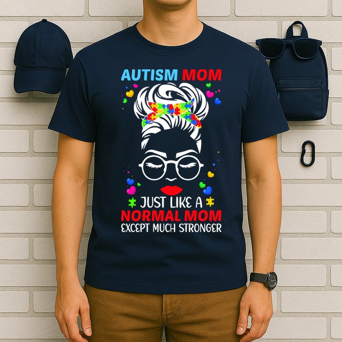 Autism Mom Much Stronger Awareness Messy Bun Puzzle T-Shirt