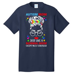 Autism Mom Much Stronger Awareness Messy Bun Puzzle Tall T-Shirt