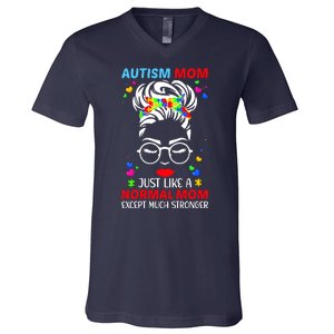 Autism Mom Much Stronger Awareness Messy Bun Puzzle V-Neck T-Shirt