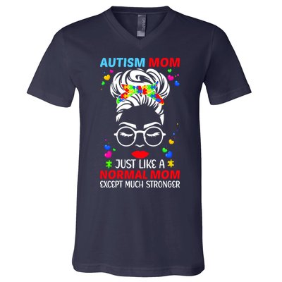 Autism Mom Much Stronger Awareness Messy Bun Puzzle V-Neck T-Shirt
