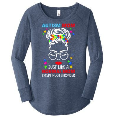 Autism Mom Much Stronger Awareness Messy Bun Puzzle Women's Perfect Tri Tunic Long Sleeve Shirt