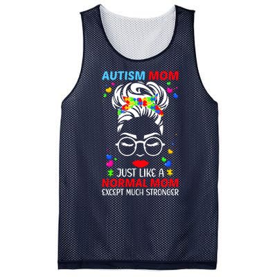 Autism Mom Much Stronger Awareness Messy Bun Puzzle Mesh Reversible Basketball Jersey Tank