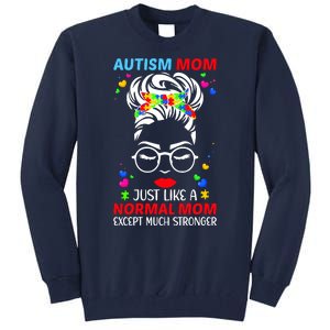 Autism Mom Much Stronger Awareness Messy Bun Puzzle Tall Sweatshirt