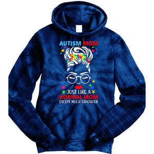 Autism Mom Much Stronger Awareness Messy Bun Puzzle Tie Dye Hoodie