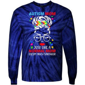 Autism Mom Much Stronger Awareness Messy Bun Puzzle Tie-Dye Long Sleeve Shirt