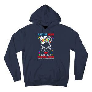 Autism Mom Much Stronger Awareness Messy Bun Puzzle Tall Hoodie