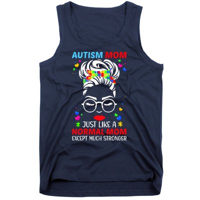 Autism Mom Much Stronger Awareness Messy Bun Puzzle Tank Top