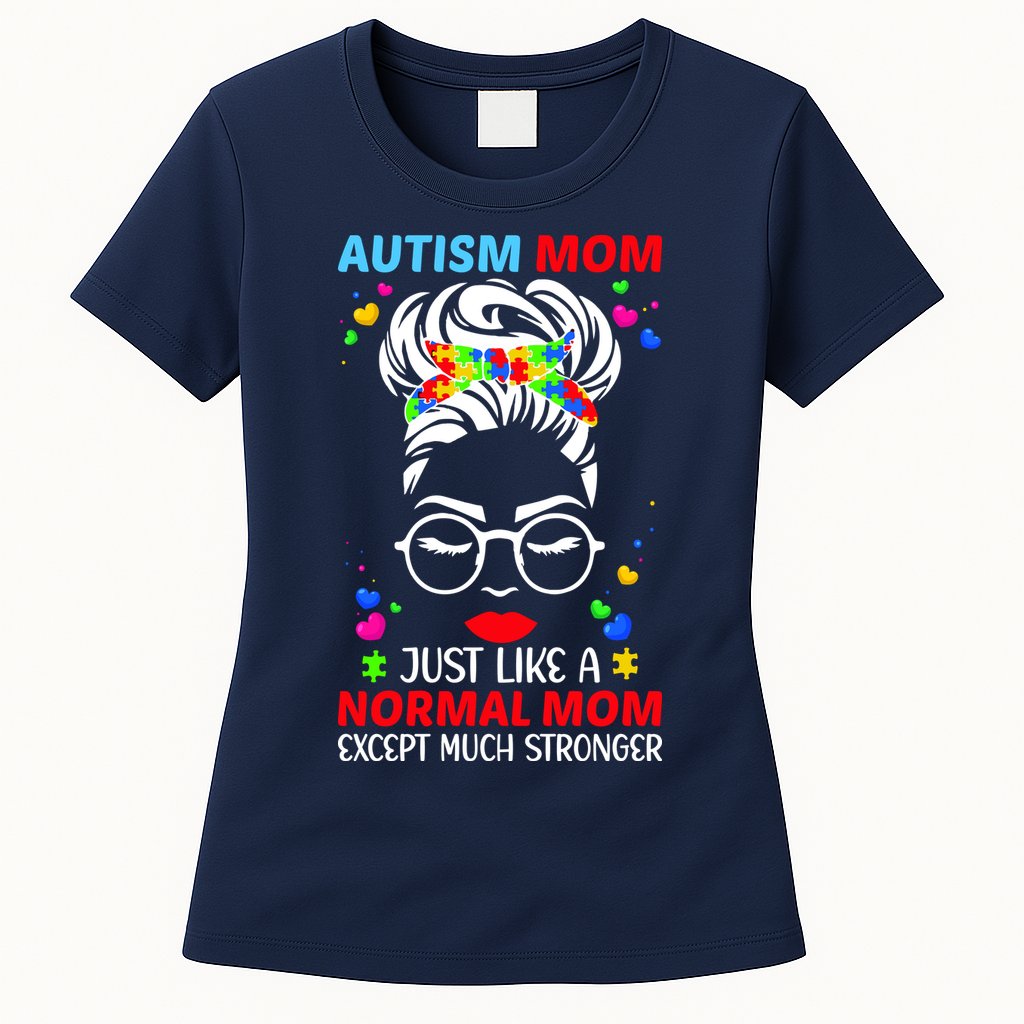 Autism Mom Much Stronger Awareness Messy Bun Puzzle Womens T-Shirt