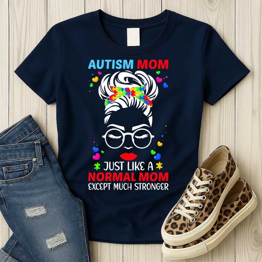 Autism Mom Much Stronger Awareness Messy Bun Puzzle Womens T-Shirt