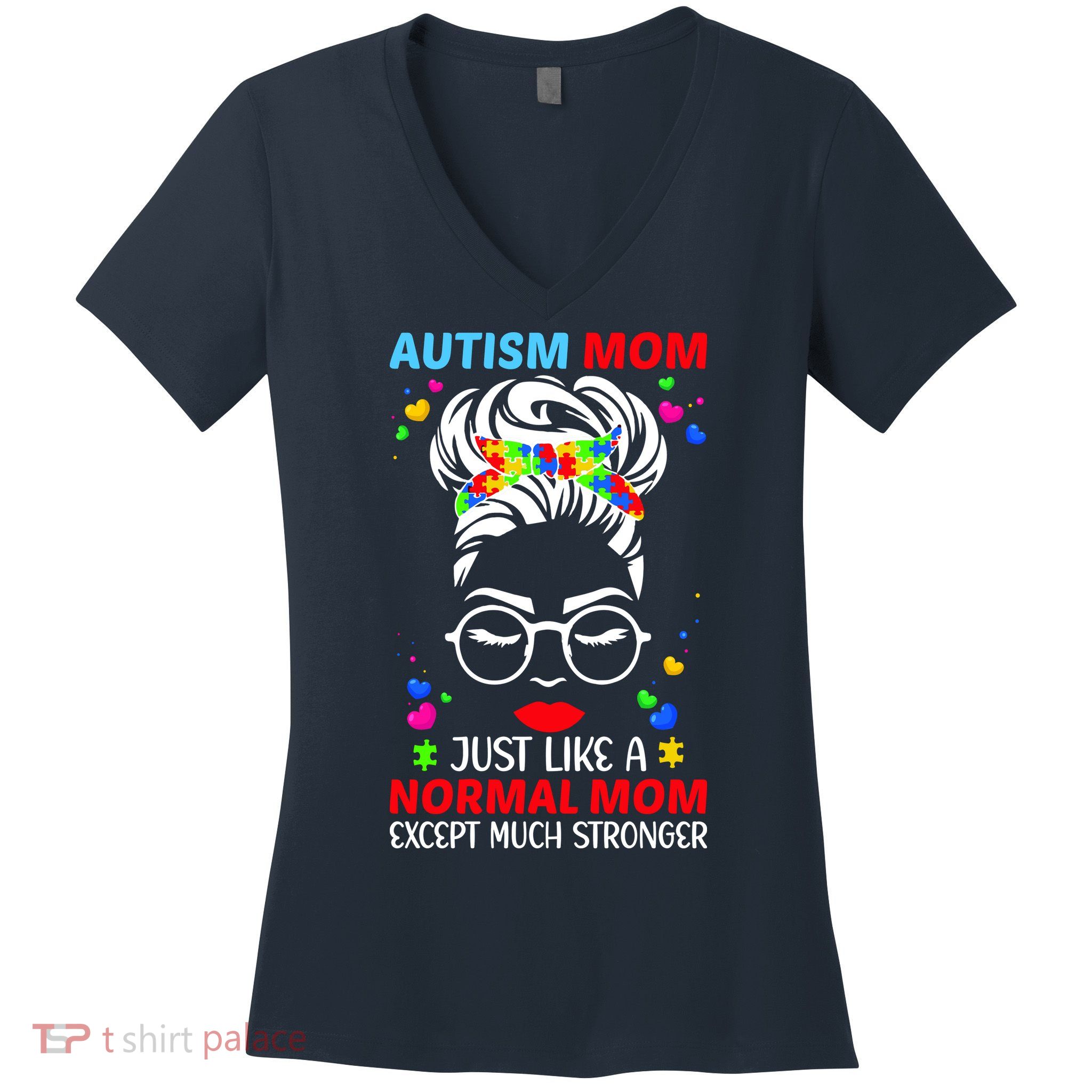 Autism Mom Much Stronger Awareness Messy Bun Puzzle Women's V-Neck T-Shirt