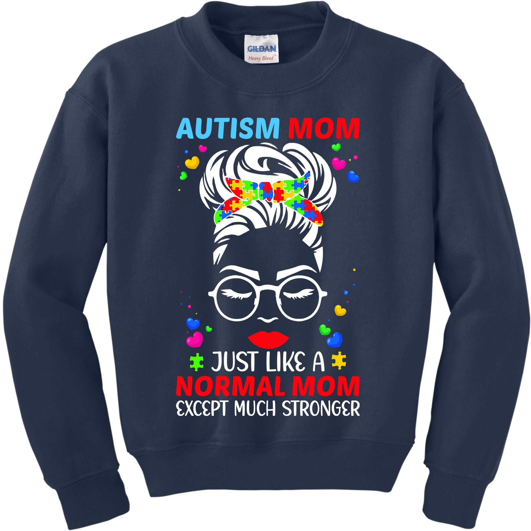 Autism Mom Much Stronger Awareness Messy Bun Puzzle Kids Sweatshirt