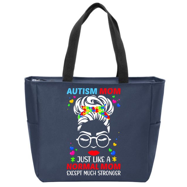 Autism Mom Much Stronger Awareness Messy Bun Puzzle Zip Tote Bag