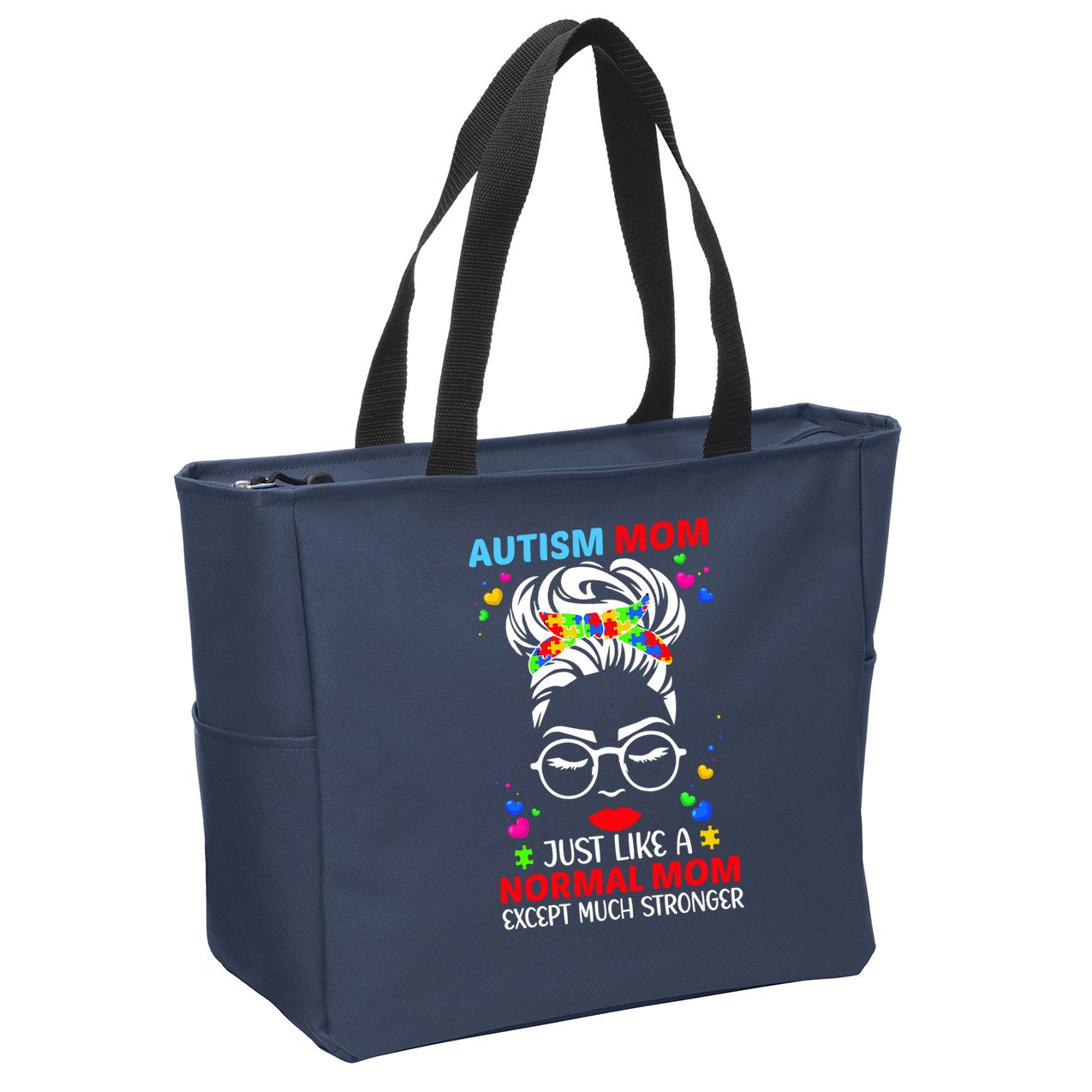 Autism Mom Much Stronger Awareness Messy Bun Puzzle Zip Tote Bag